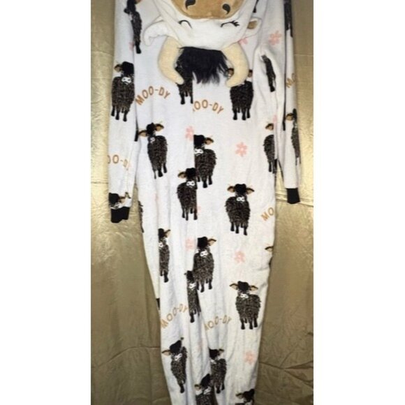 Cow Hooded Soft Fluffy Cozy Loungewear Pajamas White Black Pink Fleece Ears Horn - Picture 3 of 12
